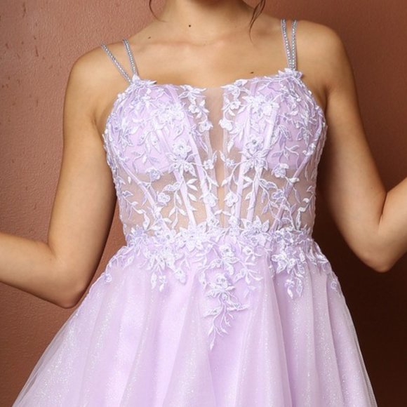 NEW LILAC OFF THE SHOULDER SLEEVELESS EMBROIDERY MINI GOWN WITH STRAPS NX T724 - Picture 4 of 11